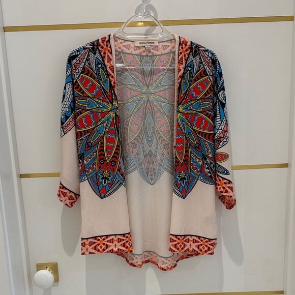 JEALOUS TOMATO boho print kimono wrap cardigan coverup blue red black ivory S - Picture 6 of 10